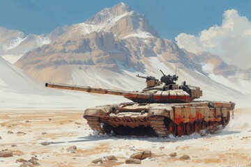 Amidst the barren desert, a powerful military tank stands tall, its weapon primed for combat, its self-propelled artillery ready to defend against any threat from the sky or mountains, as it serves a