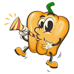 vector isolated clip art illustration of cute yellow bell peppers mascot blowing party trumpet, work of handmade
