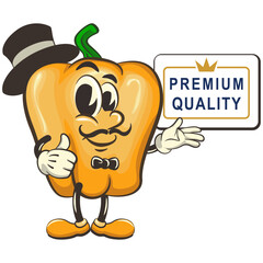 vector isolated clip art illustration of cute yellow bell peppers mascot in a hat and bow tie showing a sign saying premium quality with a thumbs up, work of handmade
