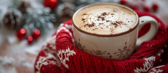 A cappuccino with a festive design on the frothy milk.