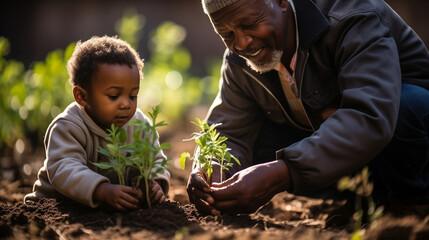 Un grand-père et son petit-fils plantent un arbre dans le jardin familial, leurs mains couvertes de terre, semant ensemble les graines de l'avenir. - obrazy, fototapety, plakaty
