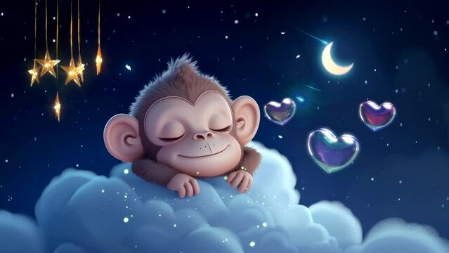 Lullaby For Babies video template looping cute baby monkey sleep on cloud, relax and nice dream on night video looping 4k quality