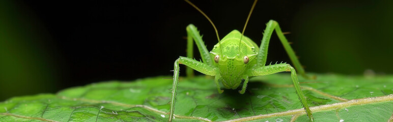 Fototapeta premium Green grasshopper on green leaf in nature or in the garden 