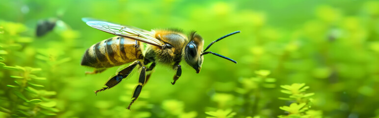 Close up of a bee (Apis mellifera) flying to a plant
