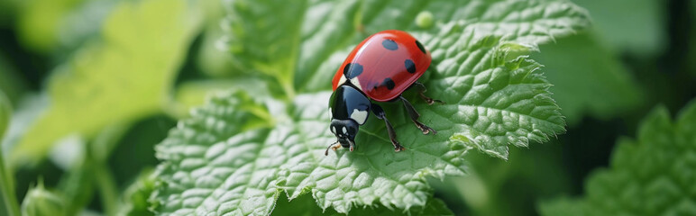 Ladybug on green leaf. Nature background. Ladybug macro.
