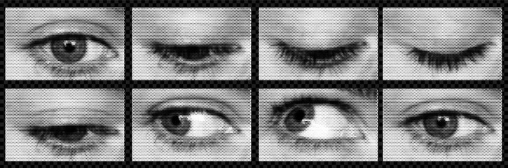 A pack of eyes cut out. An isolated look. Vector halftone elements for collage with different emotions. Frame to frame animation blink. - obrazy, fototapety, plakaty