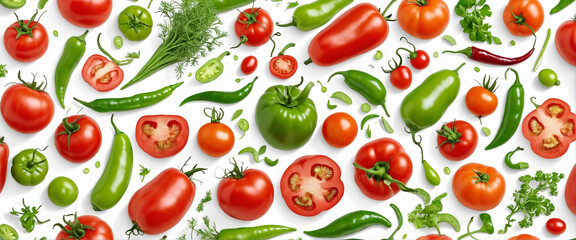 collection of organic red tomatoes and green chili pepper vegetable isolated on transparent png background with shadows, for online menu shopping list ready for any background