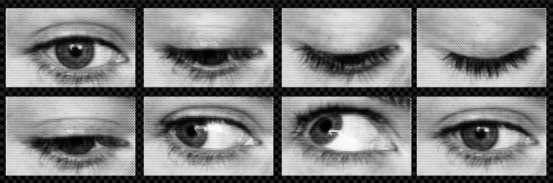 Naklejki A pack of eyes cut out. An isolated look. Vector halftone elements for collage with different emotions. Frame to frame animation blink.