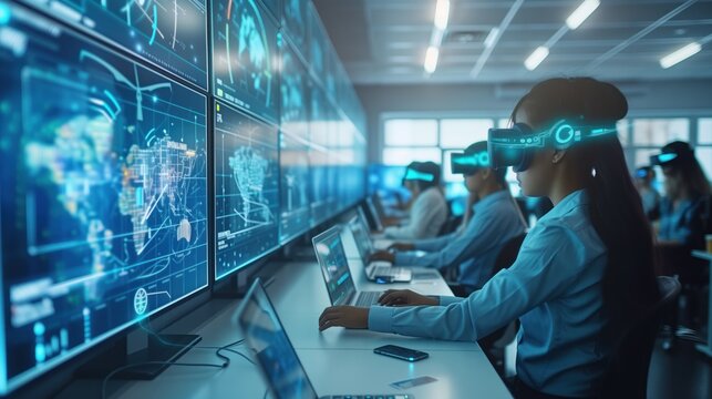 High-tech classroom with digital displays of renewable energy sources, students using virtual reality