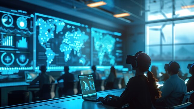 High-tech classroom with digital displays of renewable energy sources, students using virtual reality - Powered by Adobe