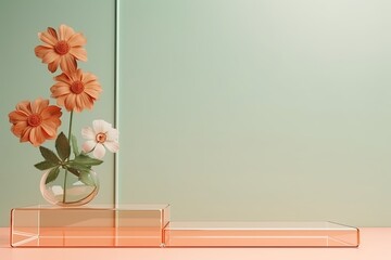 spring summer retro background with glass podium, flowers in vintage style and pastel shades