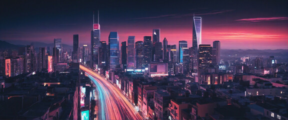 neon graffiti overlay on an urban cityscape illustration, futuristic metropolis