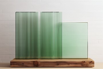 corrugated glass stands on a minimalist podium, VIRIDIS natural and calm green color, reminiscent of sage leaves 