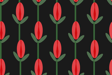 Tender red tulip flowers. Botanical, floral, bouquet, plant, garden, spring.  Seamless vector pattern for design and decoration.