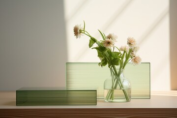 corrugated glass stands on a minimalist podium, VIRIDIS natural and calm green color, reminiscent of sage leaves 