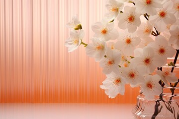 laconic background with white flowers and corrugated glass in color APRICOT CRUSH orange peach shade that reminds of summer sun and warm days . Artificial nature minimal concept.  