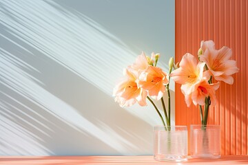 background with corrugated glass stands with white flowers,  orange-peach shade that reminds of summer sun and warm days 