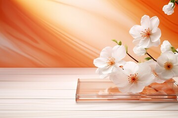 laconic background with white flowers and corrugated glass in color APRICOT CRUSH orange peach shade that reminds of summer sun and warm days . Artificial nature minimal concept.