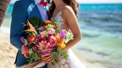 Obraz na płótnie Canvas Close-up of bride and groom on the beach