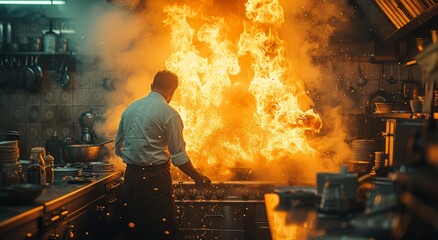 As smoke billowed from the factory's metalworking furnace, a lone man braved the intense heat of the kitchen, determined to keep the fire burning through the night - obrazy, fototapety, plakaty