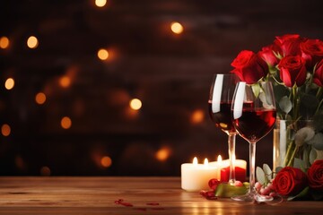 Romantic Dinner. Bouquet of flowers on the wooden table, two glasses of red wine and candles. Valentine's day, Mother's day, Women's Day, love concept. Date concept, blurred background, copy space.