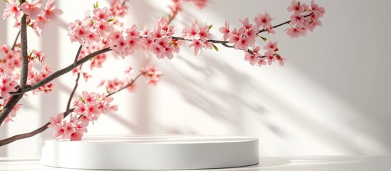 A white podium stands in front of a blooming cherry blossom tree. The petals create a beautiful natural landscape enhancing the artistic setting.