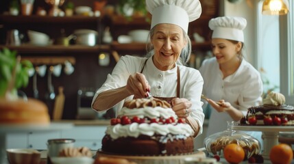 mature woman in apron brushing cake with syrup on cake next to young friend and chef in white hat 