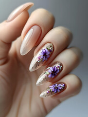 A womans hand with a carefully designed french manicure, featuring colorful flowers