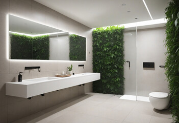 Eco-friendly modern restroom with lush greenery. Clean and green restroom interior. Contemporary WC oasis. Nature-inspired restroom design. Toilet decor. Luxury restroom environment.