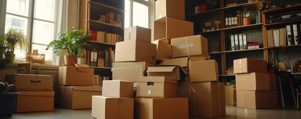A pile of moving boxes in the room. - obrazy, fototapety, plakaty