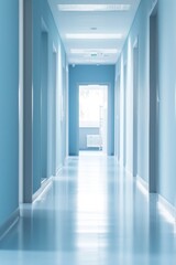 The spacious and sterile environment of this medical clinic hallway provides a professional and comforting atmosphere for patients and visitors.. Vertical light blue background