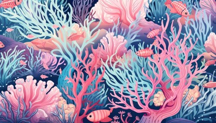 Fototapeta na wymiar Seamless coral reef sea life illustration pattern --ar 7:4 Job ID: 8556a866-f8d6-4548-85c8-0481b4fd4aab