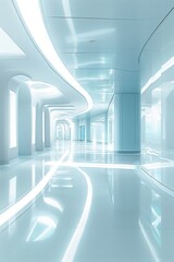 A bright and modern hospital corridor with a clean, calming blue color scheme, reflecting the contemporary design in healthcare architecture.. Vertical light blue background