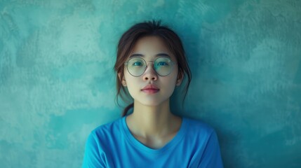 Attractive asian woman wearing blue tshirt and glasses - obrazy, fototapety, plakaty