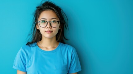 Attractive asian woman wearing blue tshirt and glasses
