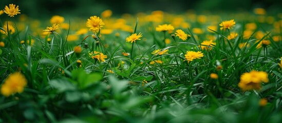 Vibrant Closeup of Yellow Dandeli Flowers amidst Lush Green Grass
