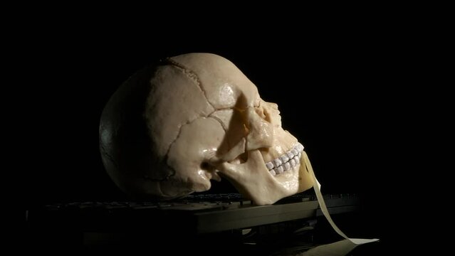 Failed cyber password by keyboard. A view of failed website password written on the paper in skull mouth on computer keyboard on the black background.