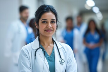 Portrait of smiling Indian female doctor in a hospital. Healthcare, medical staff