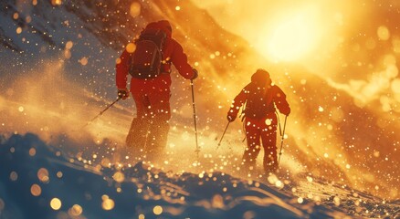A courageous firefighter leads a group through the frosty wilderness, braving the elements and conquering the wintry terrain on their outdoor adventure - obrazy, fototapety, plakaty