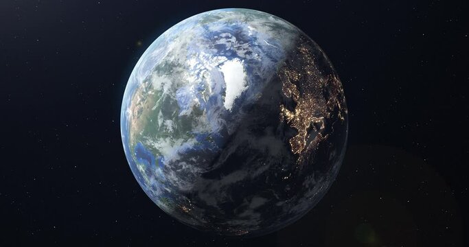 3D animation 4K of the earth globe from space. Transition from daytime to nighttime in summer. City lights in Europe and North America glow at night. Elements of this image courtesy of NASA.