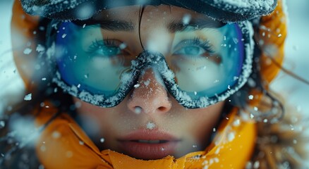 A determined woman braves the cold winter weather, her face shielded by goggles and a bright yellow jacket, as she takes on the great outdoors with unwavering determination