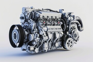 Modern car engine isolated on white background.