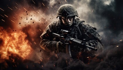 Soldier in a dark and dramatic scene with rifles and explosions hd wallpaper