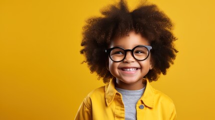 Happy little african american girl with big eyeglasses. Isolated on solid yellow background