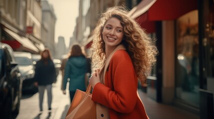 Happy smiling woman is walking down the street with bags while shopping