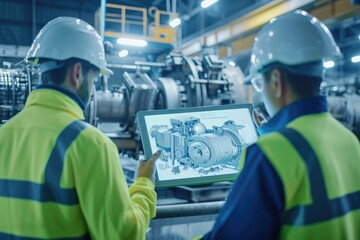 Industrial engineers use tablet to visualize 3D model in hightech electronics factory.
