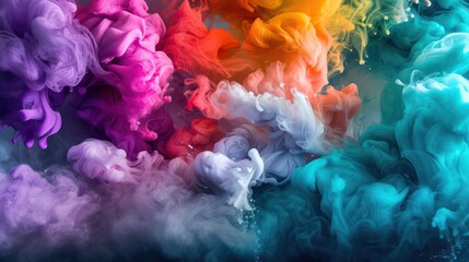 multicolor paints and drops dispersing in fluid, intertwining and forming abstract patterns and wispy clouds, creating a captivating visual experience.