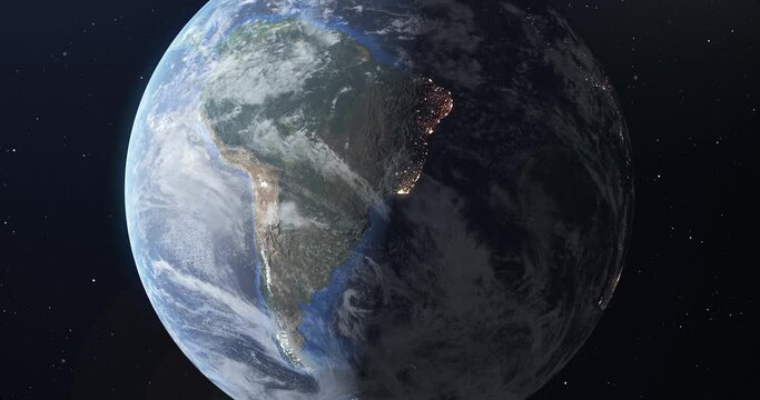 3D 4K animation of the globe from space. Transition from daytime to nighttime on the map. The lights of South American cities glow brightly at night. Elements of this image courtesy of NASA.