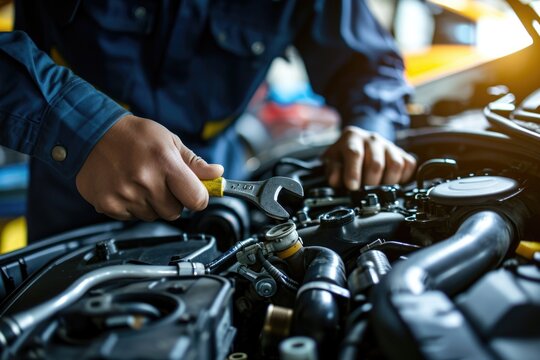 Car mechanic working on engine at garage workshop.