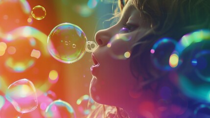 Excited Child Blowing Bubbles with Colorful Background AI Generated. - obrazy, fototapety, plakaty